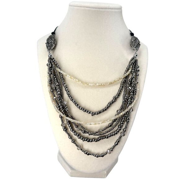 J. Jill Layered Necklace Art Deco Silver Tone Hematite Bead Pavé Adjustable Cord - Picture 2 of 15
